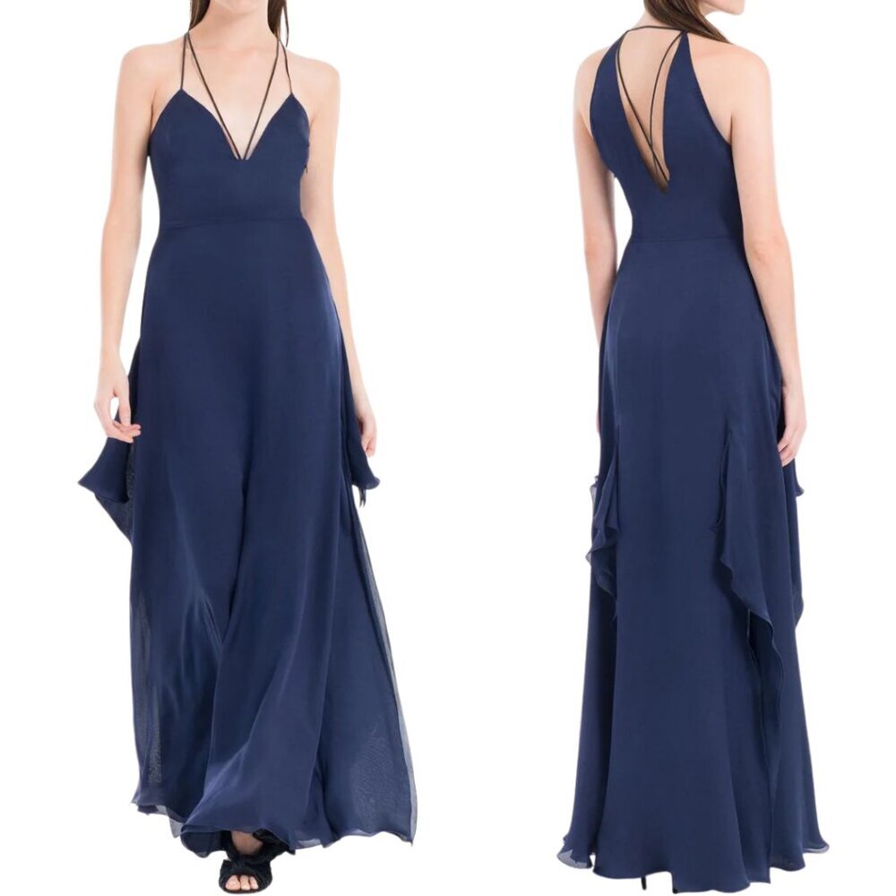 Leon Max 100% Silk Strappy Split Skirt Evening Maxi Gown Women's 12 Navy NWT